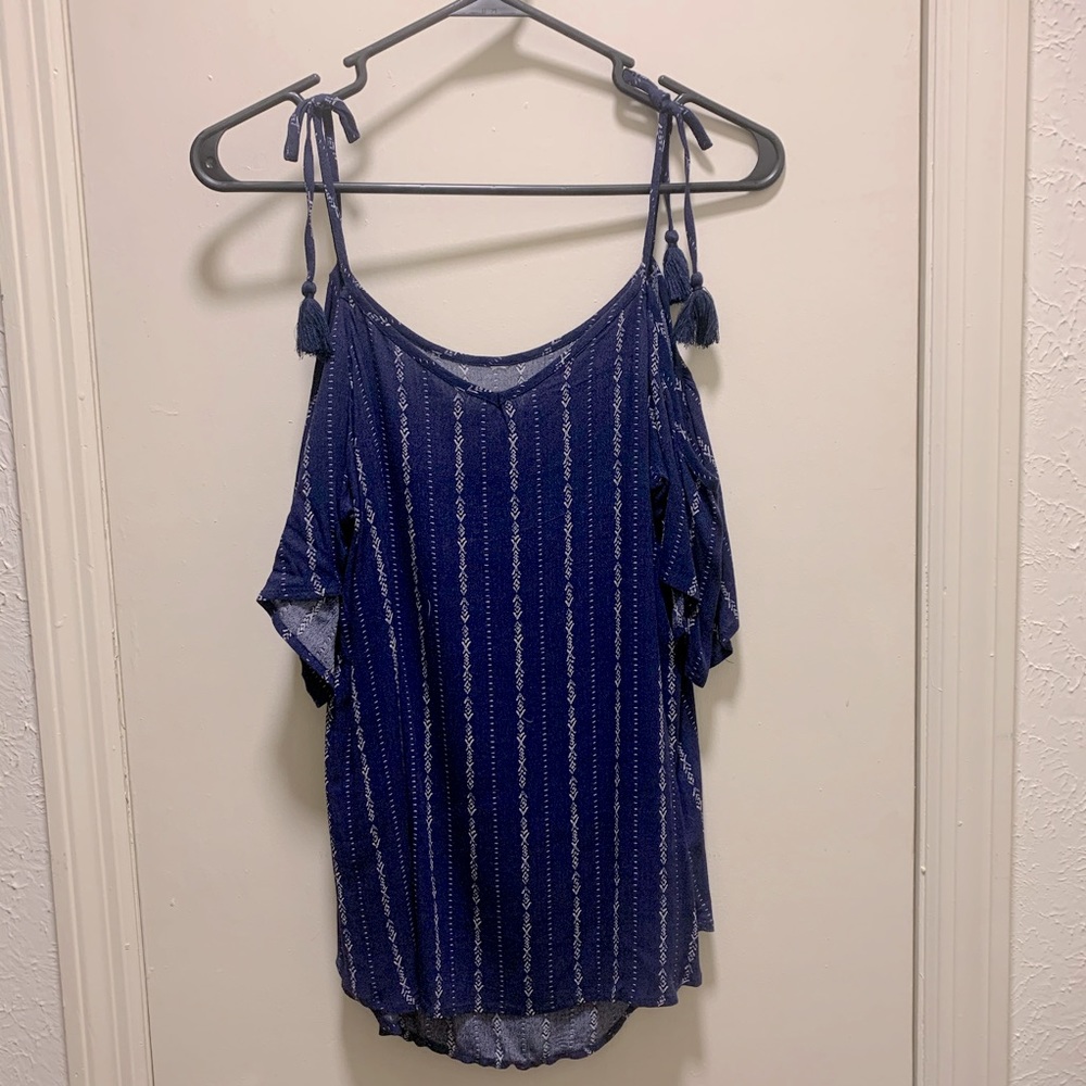 tie strap cold shoulder tribal print top / navy